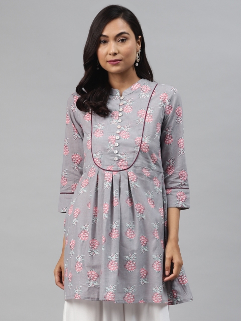 

Rain & Rainbow Women Grey & Pink Cotton Printed A-Line Tunic