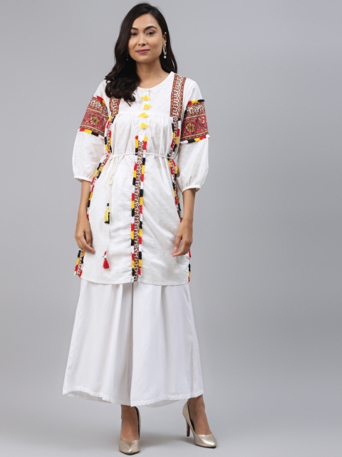 

Rain & Rainbow Women Off-White & Maroon Cotton Printed Tunic with Belt