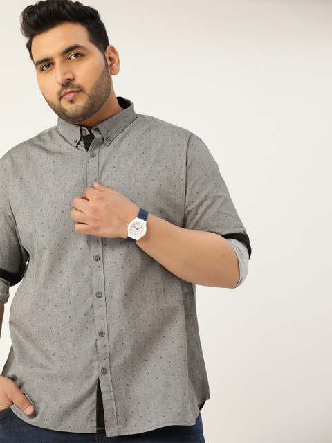 

Sztori Men Grey & Black Cotton Plus Size Regular Fit Self Design Casual Shirt
