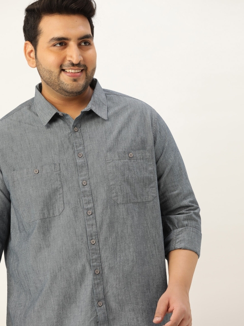 

Sztori Men Plus Size Grey Solid Cotton Casual Shirt