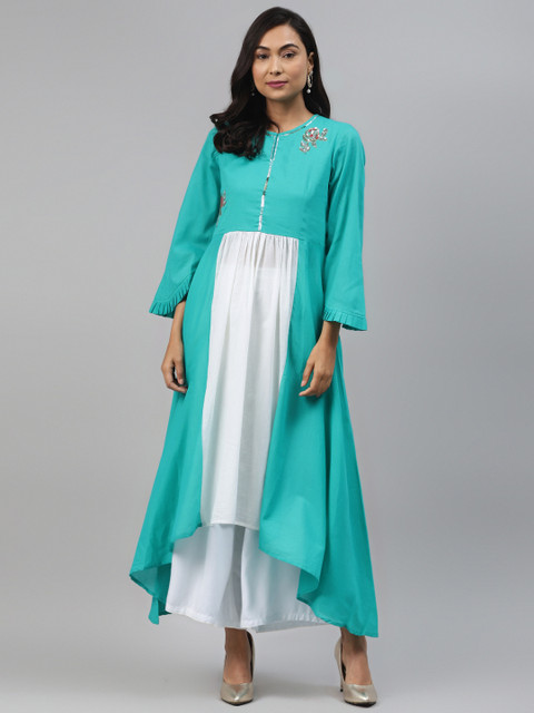 

Rain & Rainbow Women Green & White Colourblocked Flared Sleeves Sequins Kurta
