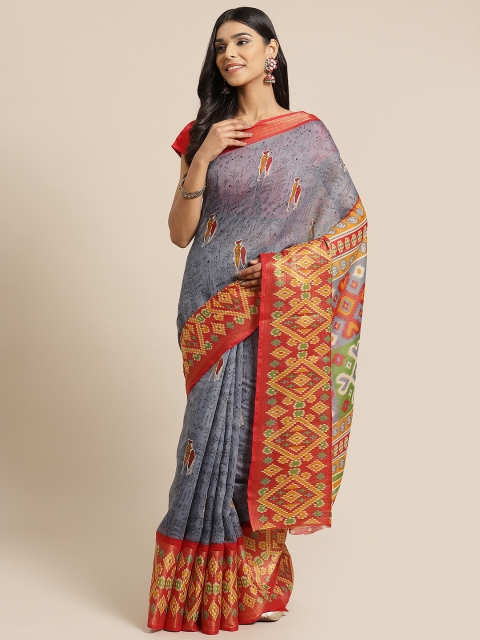 

KALINI Grey & Red Kalamkari Printed Saree