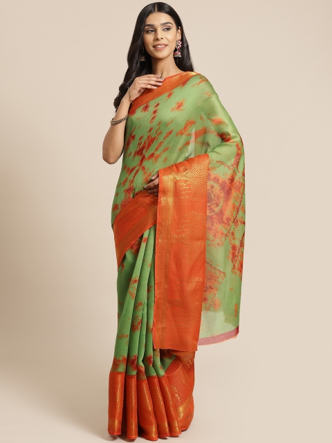 

KALINI Green & Orange Tie & Dye Printed Saree