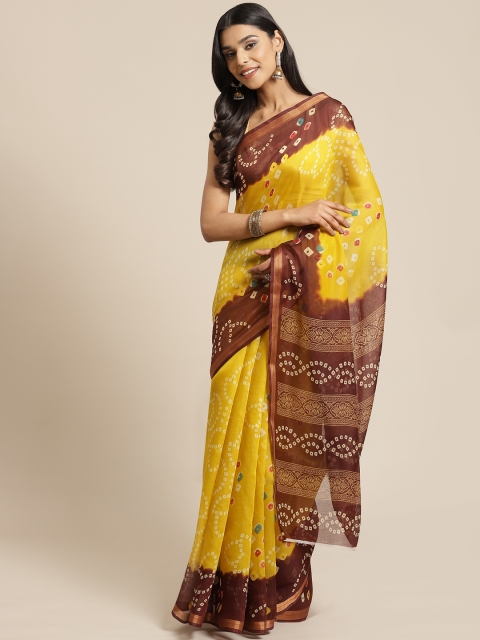 

KALINI Yellow & Brown Printed Bandhani Saree