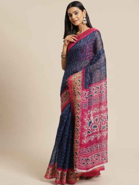 

KALINI Navy Blue & Pink Checked Saree