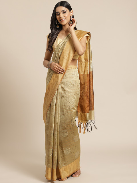 

KALINI Beige & Golden Checked Saree