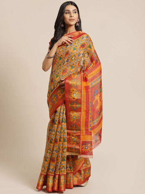 

KALINI Mustard Yellow & Blue Printed Saree