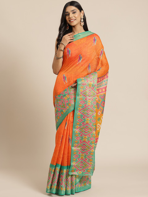

KALINI Orange & Green Kalamkari Printed Saree