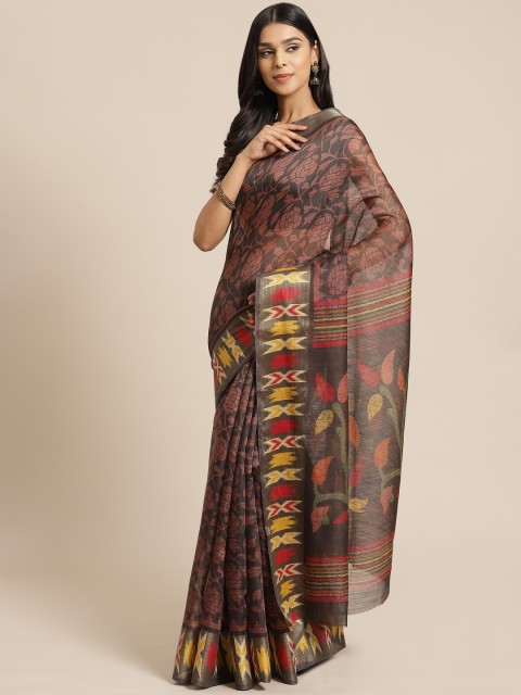 

KALINI Black & Coffee Brown Floral Printed Saree
