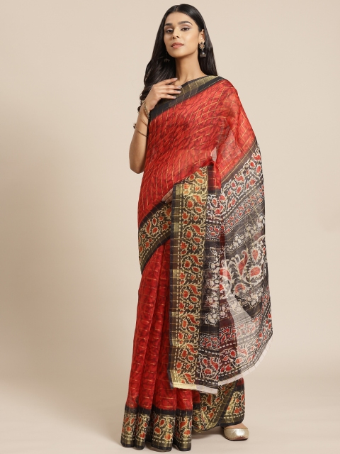 

KALINI Red & Golden Checked Saree