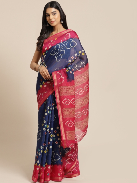 

KALINI Navy Blue & White Printed Bandhani Saree