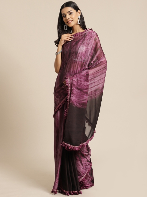 

KALINI Purple & Black Abstract Printed Ruffle Saree