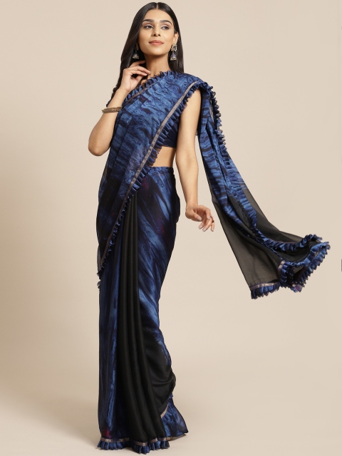 

KALINI Navy Blue & Black Abstract Printed Ruffle Saree