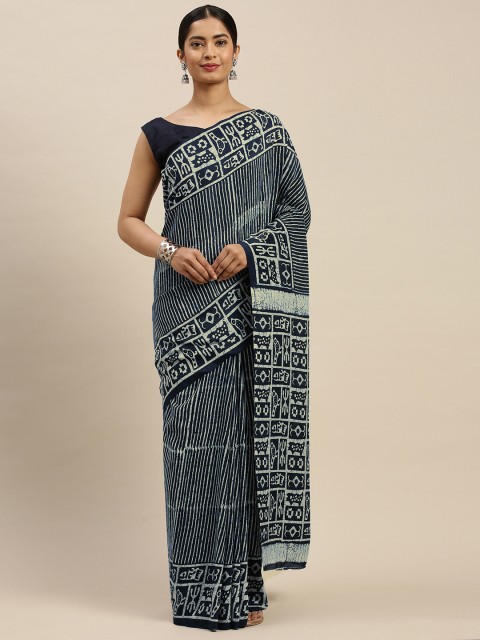 

Saree mall Navy Blue Liva Striped Leheriya Saree