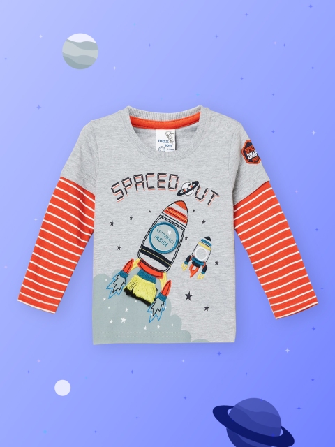 

max Boys Grey Printed Round Neck T-shirt