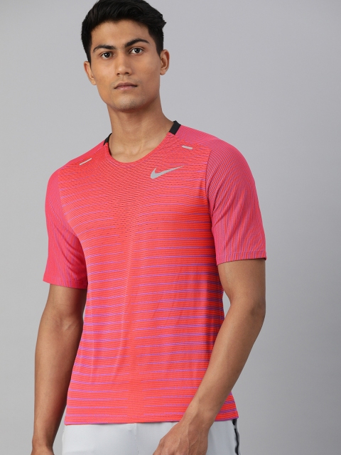 

Nike Men Pink Striped Dri-Fit Round Neck TECHKNIT Running T-shirt