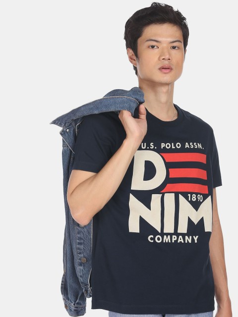 

U.S. Polo Assn. Denim Co. Men Navy Blue White Printed Round Neck Pure Cotton T-shirt