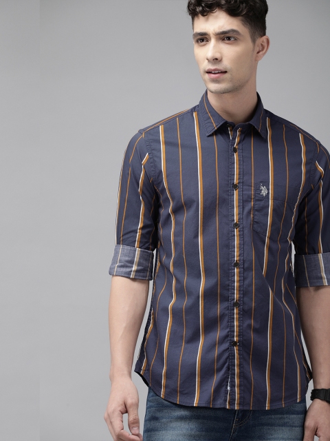 

U.S. Polo Assn. Men Navy Blue & Mustard Yellow Tailored Fit Striped Casual Shirt