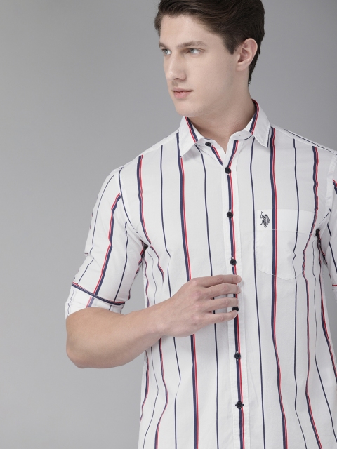 

U.S. Polo Assn. Men White & Navy Blue Tailored Fit Striped Casual Shirt