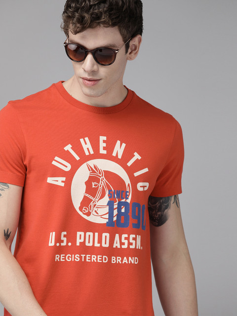 

U.S. Polo Assn. Denim Co. Men Orange Printed Round Neck T-shirt
