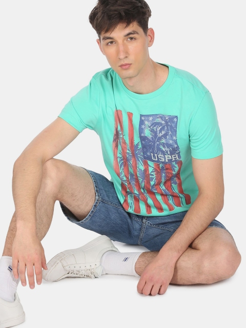 

U.S. Polo Assn. Denim Co. Men Green Tropical Printed Round Neck Pure Cotton T-shirt