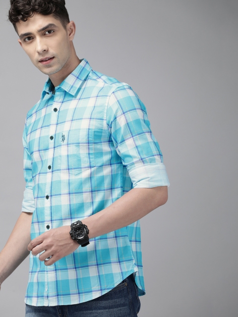 

U.S. Polo Assn. Men Turquoise Blue & White Tailored Fit Checked Casual Shirt