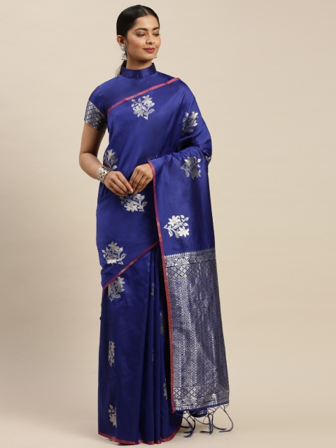 

Mitera Navy Blue & Silver-Toned Satin Printed Block Print Saree