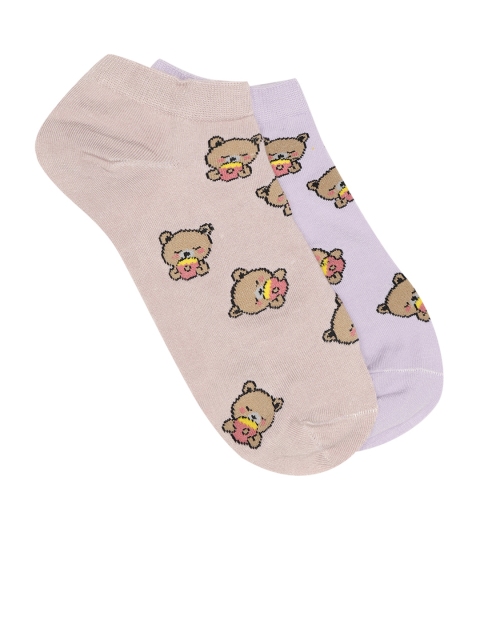 

20Dresses Women Pack of 2 Teddy Bear Patterned Ankle-Length Socks, Beige