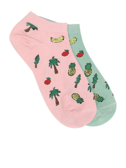 

20Dresses Women Pack of 2 Tree & Fruits Patterned Ankle-Length Socks, Pink
