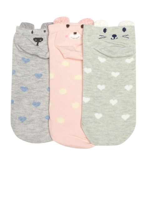 

20Dresses Women Pack of 3 Heart & Polka Patterned Ankle-Length Socks, Grey melange