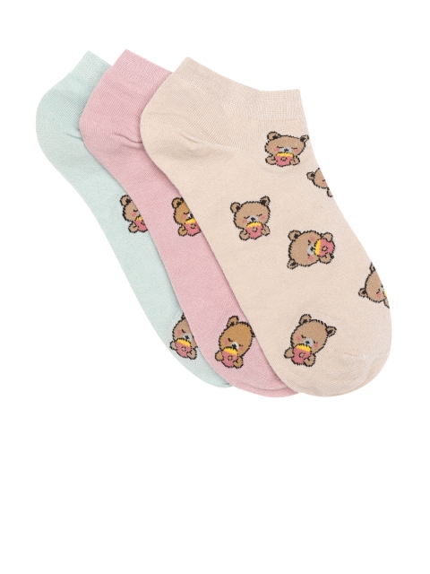 

20Dresses Women Pack of 3 Teddy Bear Patterned Ankle-Length Socks, Green