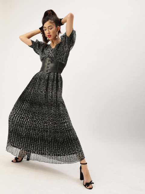 

Antheaa Women Black & Grey Animal Printed Wrap Accordion Pleated maxi Dress