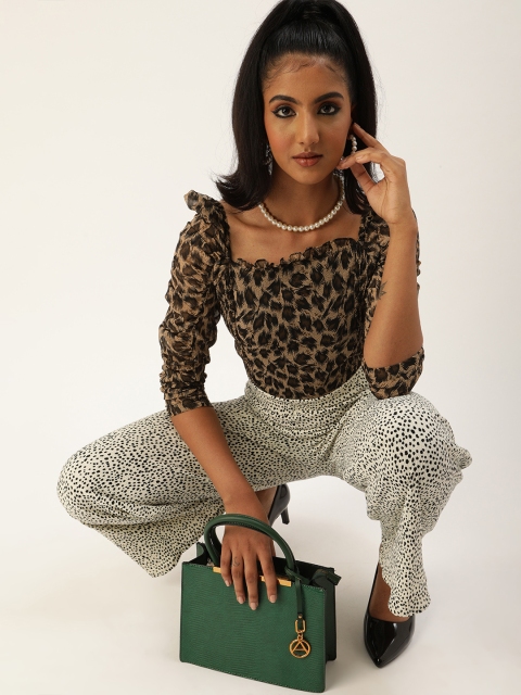 

Antheaa Black & Brown Animal Printed Chiffon Fitted Top with Smocked Detail