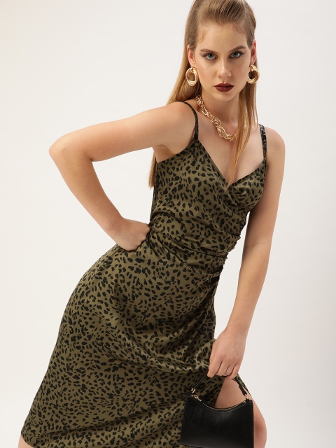 

Antheaa Women Olive Green & Black Animal Printed Fit and Flare Slip Dress