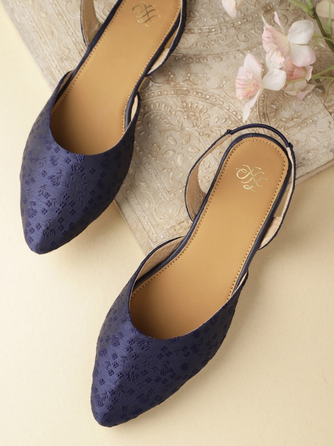

House of Pataudi Women Navy Blue Woven Design Handcrafted Mules