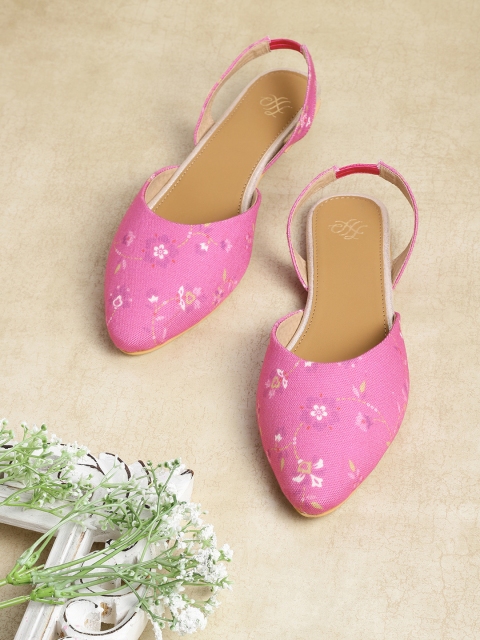 

House of Pataudi Women Pink & White Floral Print Handcrafted Mules