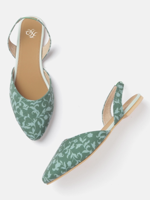 

House of Pataudi Women Teal Green Ethnic Printed Pointed Toe Flats