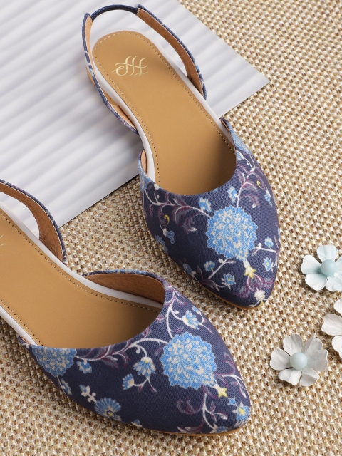

House of Pataudi Women Navy Blue & Off-White Ethnic Motifs Print Mules