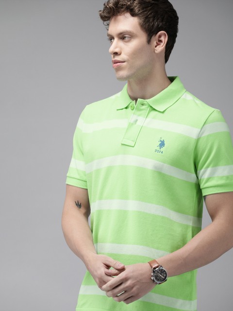 

U.S. Polo Assn. Men Lime Green & White Striped Polo Collar T-shirt