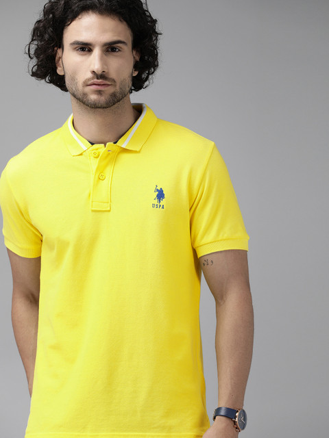 

U.S. Polo Assn. Men Yellow Pure Cotton Solid Polo Collar Pure Cotton T-shirt