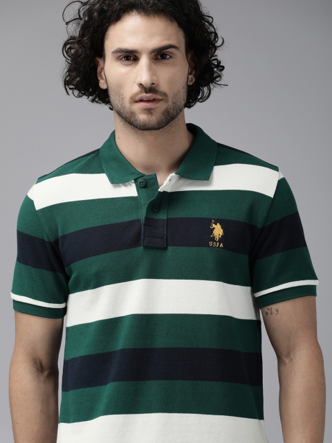 

U.S. Polo Assn. Men Green Navy Pure Cotton Striped Polo Collar Pure Cotton T-shirt