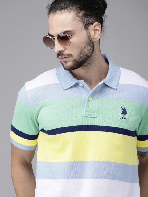 

U.S. Polo Assn. Men Blue & Green Pure Cotton Striped Polo Collar T-shirt