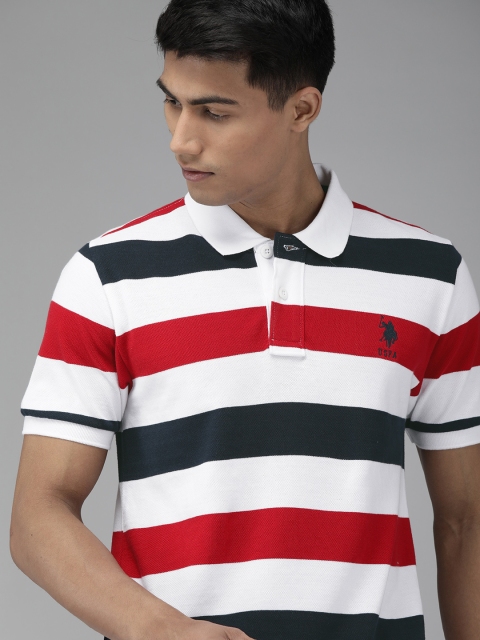 

U.S. Polo Assn. Men White Navy Blue Striped Round Neck Pure Cotton T-shirt