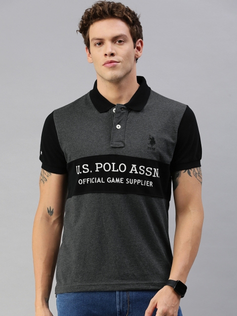 

U.S. Polo Assn. Men Black Colourblocked Polo Collar T-shirt With Embroidery