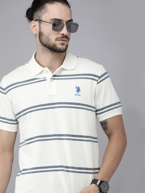 

U.S. Polo Assn. Men Off-White & Charcoal Grey Pure Cotton Striped Polo Collar T-shirt