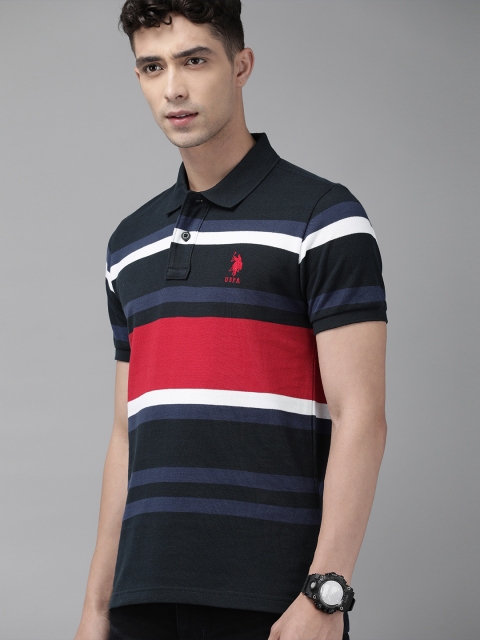 

U.S. Polo Assn. Men Navy Blue & Red Striped Round Neck T-shirt