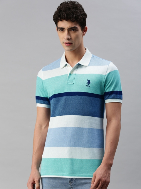 

U S Polo Assn Men Blue White Striped Pure Cotton Polo Collar Slim Fit Pure Cotton T-shirt