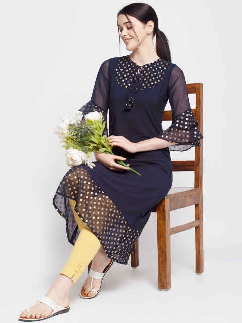 

ALC Creations Women Navy Blue Printed Flared Sleeves Crepe A-Line Kurta