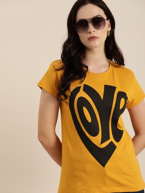 

DILLINGER Women Mustard Yellow & Black Printed Round Neck Regular Fit T-shirt