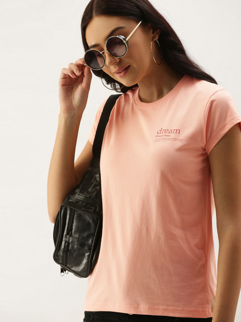 

DILLINGER Women Pink Typographic Printed Fit Round Neck Regular Fit Pure Cotton T-shirt